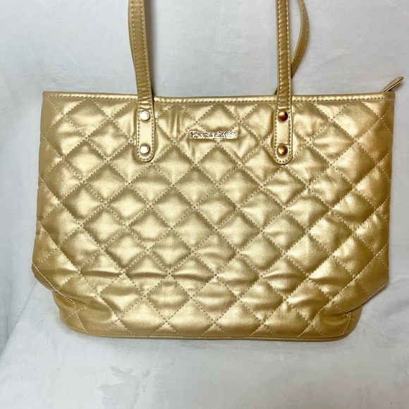 Montana West Metallic Gold Quilted Tote 10”x 14”x 5” Zipper Closure - Picture 7 of 10